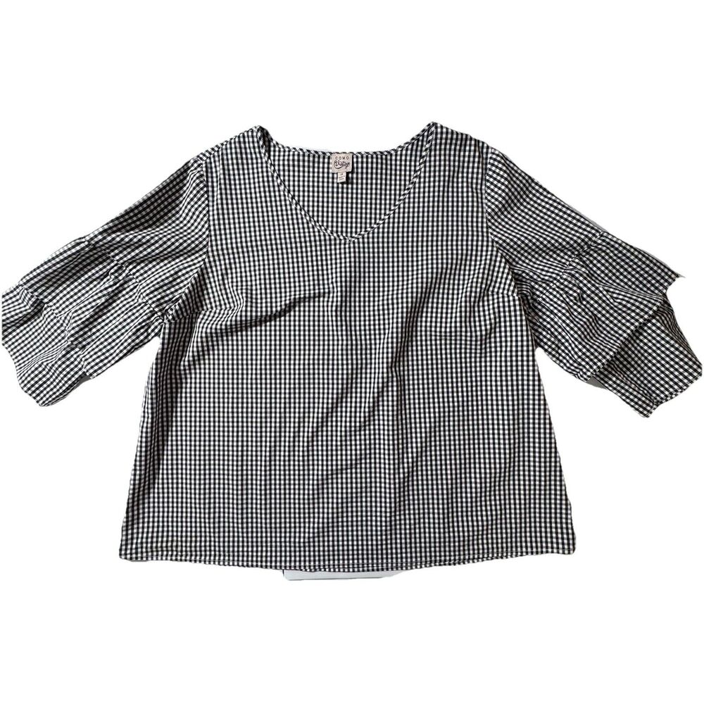Como Vintage blouse top black white gingham tiered bell sleeve 2X